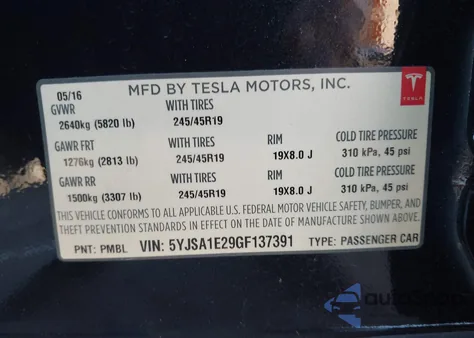 2016 Tesla Model S 60D/70D/75D/85D/90D z USA, uszkodzony, nr VIN 5YJSA1E29GF137391